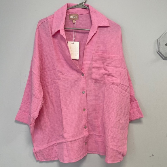 Show Me Your MuMu Pink Weekday Button Up Gauze Blouse - Large - NWT - Picture 2 of 6